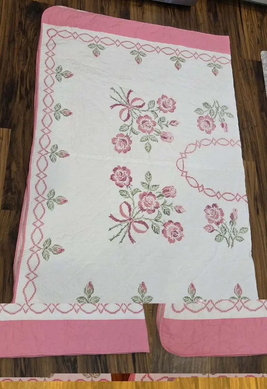 Vtg Hand Embroidered Rose Quilt Bedspread Twin 92x72 Pink Cross Stitch Floral